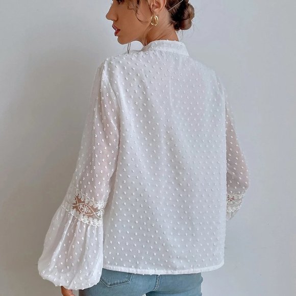 White Boho Womens Swiss Dot Embroidery Mesh Insert Lantern Sleeve Tassel Blouse - Picture 2 of 5
